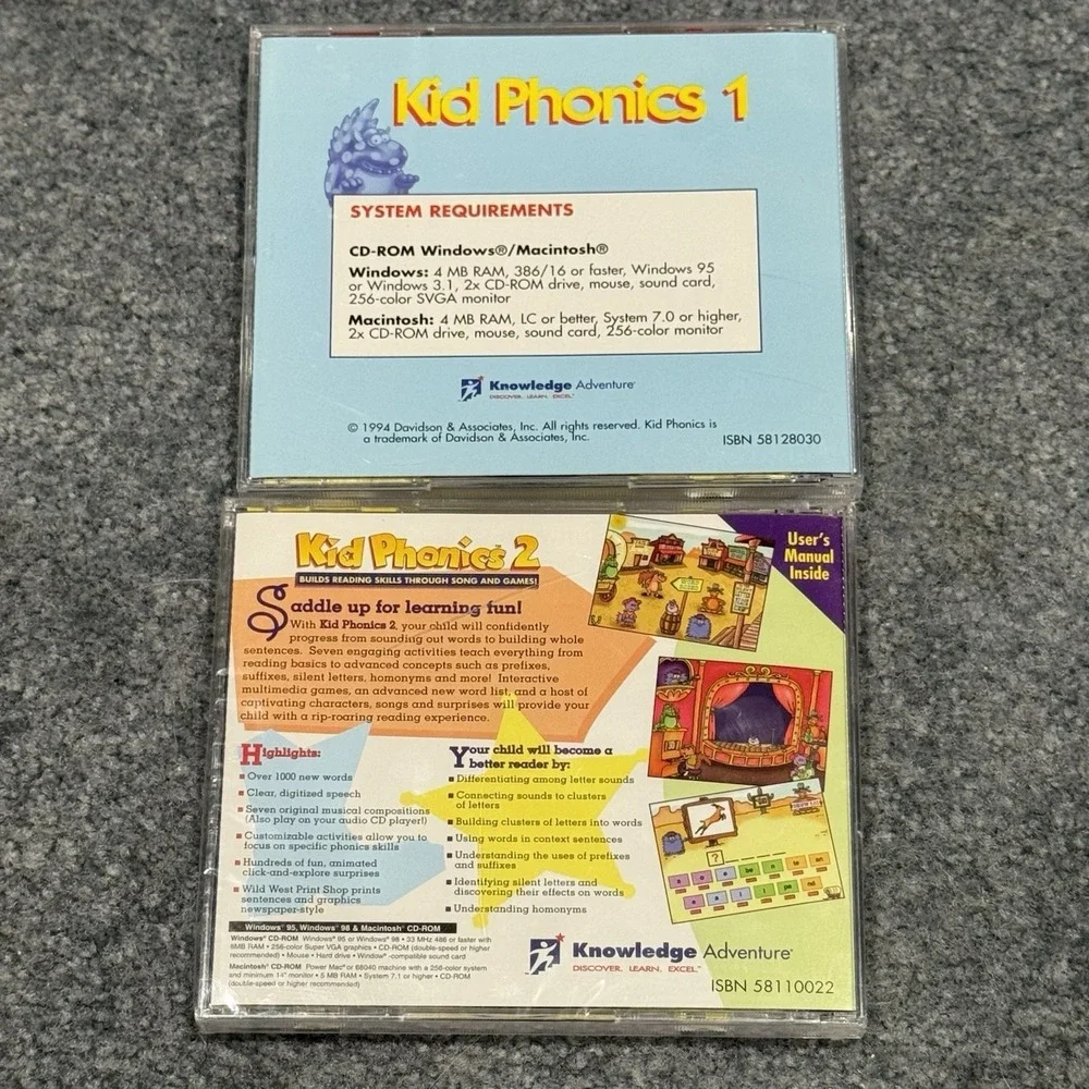 Kid Phonics 1 & 2 CD-ROM Davidson Ages 6-9 Reading Skills Educational Game Songs